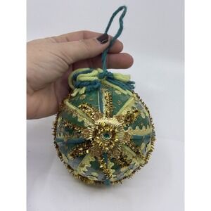 Vintage 70's Jumbo Handmade Sequin & Yarn Christmas Ornament - Gold Green